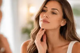 Woman looking at chin in mirror considering Kybella treatment for double chin reduction