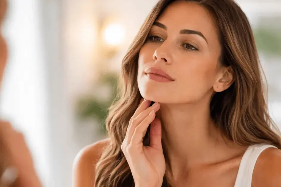 Woman looking at chin in mirror considering Kybella treatment for double chin reduction
