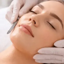 Professional dermaplaning facial treatment removing dead skin and fine hair for smoother, brighter skin